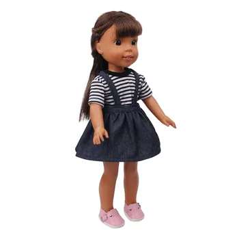 Кукольная, odzież i akcesoria elegancki denim sukienka poślizgu+t-shirt w paski z krótkim rękawem, idealne 14,5-calowe dziewczyny lalki x5