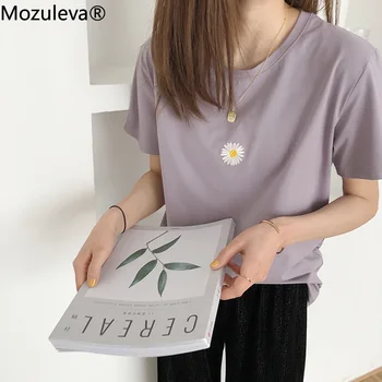 Мозулева 2020 haft Stokrotka Damska koszulka z krótkim rękawem bawełna 2020 kobieta główne topy koszula wiosna lato damskie koszulki
