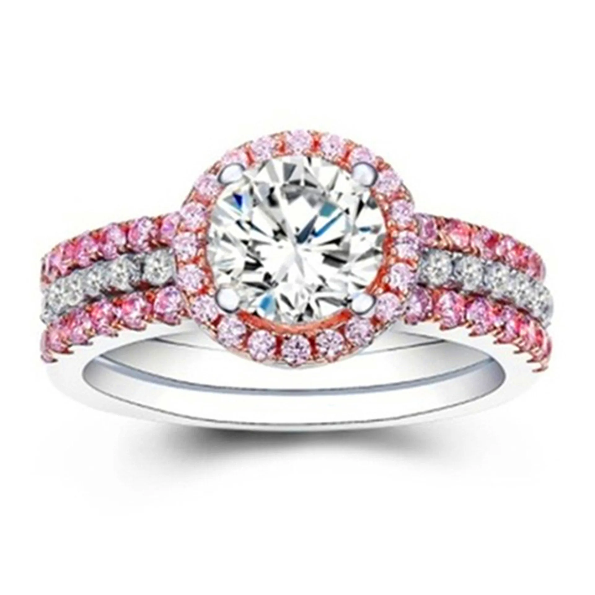 Ładny Kobieta Kryształ Różowy Pierścionek Zaręczynowy Zestaw Moda Kolor Srebrny Ślub Zaręczynowy Pierścień Obietnica Pasjans Pierścienie Dla Kobiet